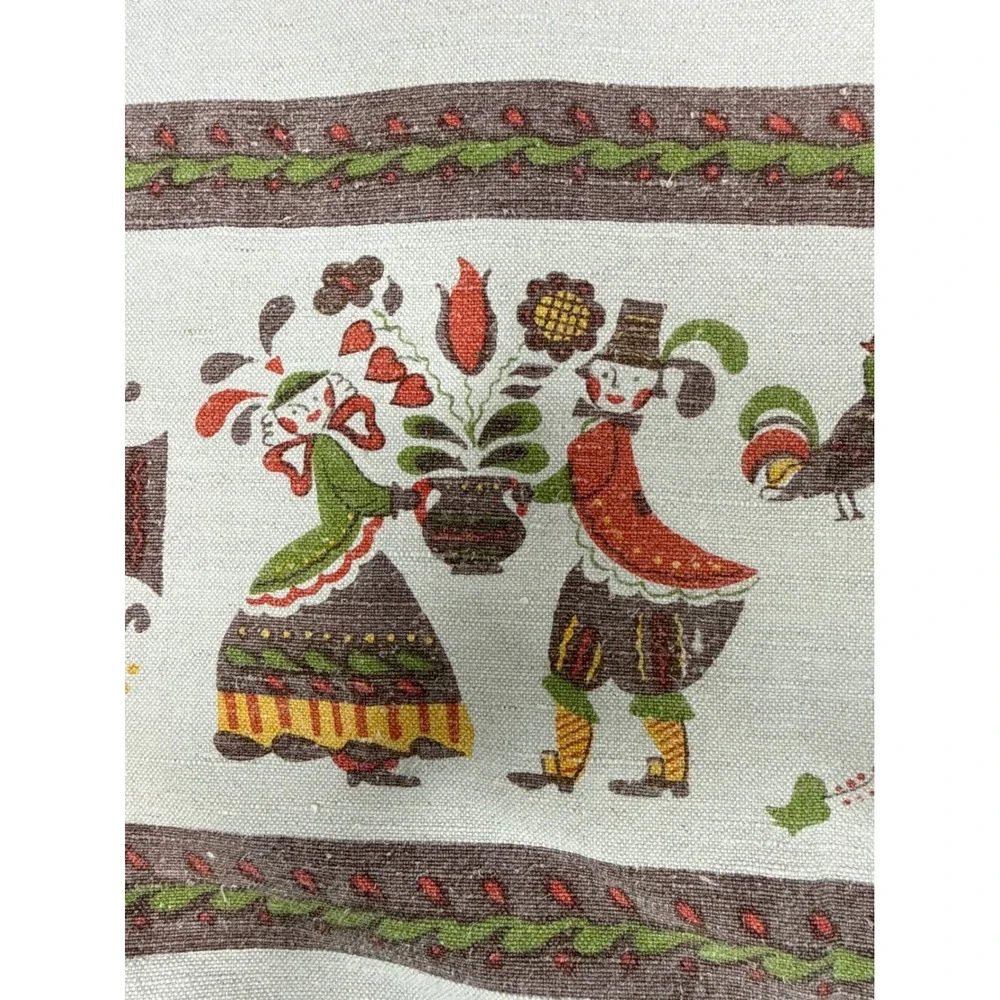 Vintage Scandinavian Folk Art Tablecloth Rectangular Linen Beige Red 63x51